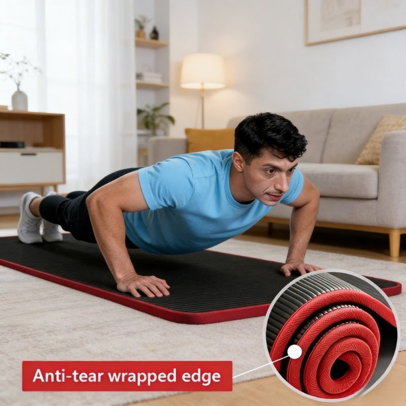 Gym-grade Yoga Mat for Fitness and Workouts, Black, 10mm Thick High-density Anti-tear Material with Non-slip Grip, Suitable for Pilates and Multi-purpose Exercise. Professional Exercise Mat Includes a Carry Bag and Strap for Easy Storage