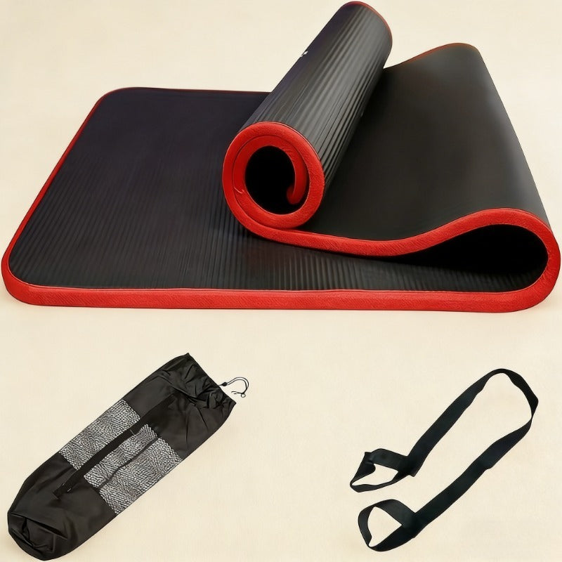 Gym-grade Yoga Mat for Fitness and Workouts, Black, 10mm Thick High-density Anti-tear Material with Non-slip Grip, Suitable for Pilates and Multi-purpose Exercise. Professional Exercise Mat Includes a Carry Bag and Strap for Easy Storage